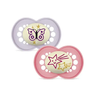 MAM A Pair of Silicone Pacifiers Size 6+ (Night) Pink/Purple